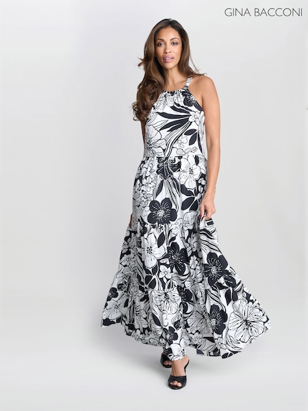 Gina Bacconi Dina Halter Crepe Printed Maxi Black Dress (W82991) | €204