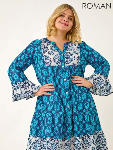 Roman Blue Curve Contrast Print V-Neck Midi Dress (W83091) | €63