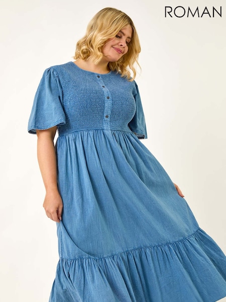 Roman Curve Denim Shirred Midi Dress (W83094) | kr892