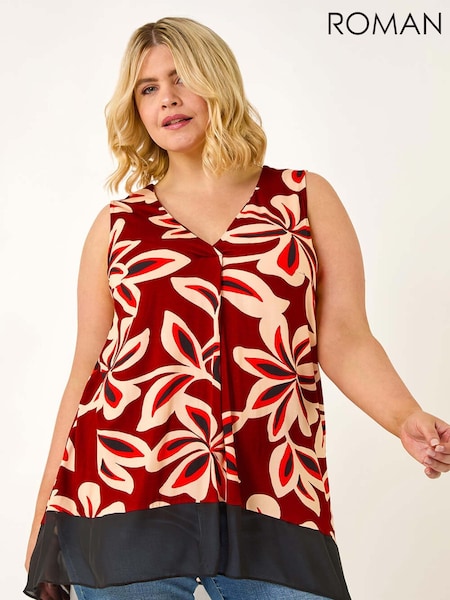 Roman Red Curve Floral Print Chiffon Hem Vest Top (W83098) | €40