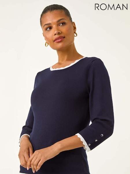 Roman Blue Scallop Neck Button Knit Jumper (W83147) | R$ 385