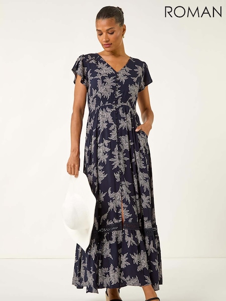 Roman Blue Leaf Print V-Neck Maxi Dress (W83150) | €74