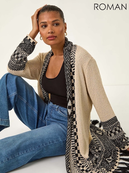Roman Grey Nordic Pattern Fringe Detail Cardigan (W83160) | R$ 665