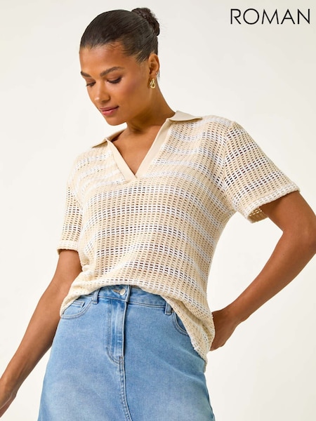 Natural - Roman Stripe Crochet Collar Knit Blouse (W83163) | R$ 385