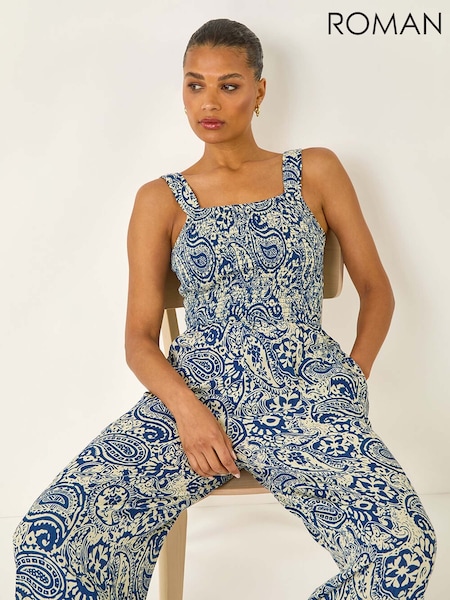 Roman Blue Paisley Print Cropped Jumpsuit (W83167) | €58