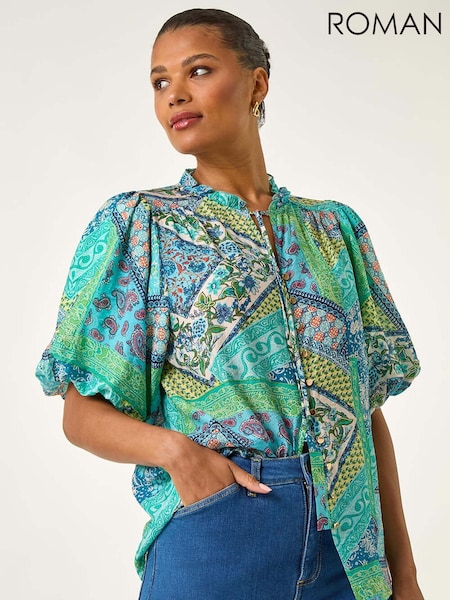 Roman Patchwork Print Tie Front Blouse (W83178) | 313 LEI