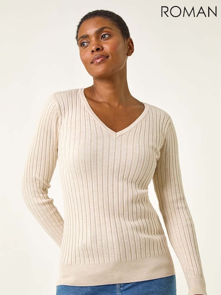 Roman White V-Neck Ribbed Knit Jumper (W83181) | R$ 385