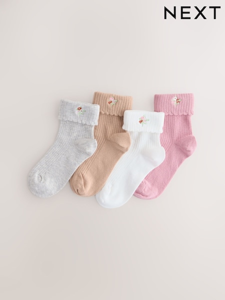 وردي، رمادي وكريمي - Cotton Rich Embroidered Roll Top Ankle Socks 4 Pack (W83311) | ‏46 د.إ.‏ - ‏ 56‏ د.إ.