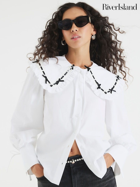 River Island White Collar Lace Trim Poplin Shirt (W83366) | €72