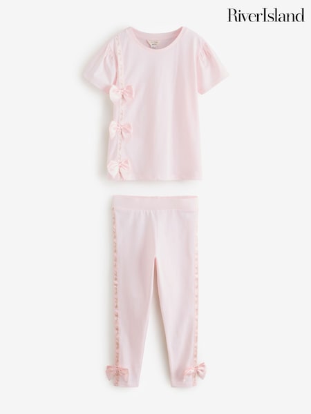 River Island Pink Girls Branded Bow T-Shirt Set (W83515) | €27