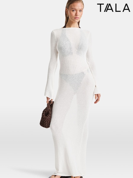 TALA White Multiway Gold Ring Long Sleeve Resort Knit Dress (W83523) | R$ 690