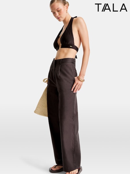 TALA Brown Heavyweight Linen Tailored Wide Leg Trousers (W83526) | €89