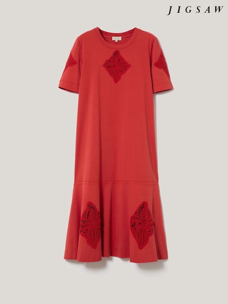 Jigsaw Red Embroidered Midi T-Shirt Dress (W83642) | €210