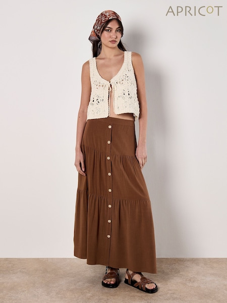 Apricot Brown Coconut Buttton Linen Tiered Skirt (W83661) | €51