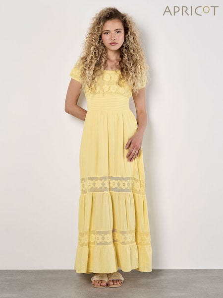 Apricot Yellow Floral Print Lace Milkmaid Maxi Dress (W83662) | €69