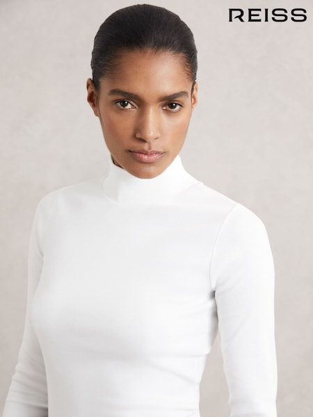 Reiss White Polly Stretch-Cotton Funnel-Neck Top (W83707) | AED346