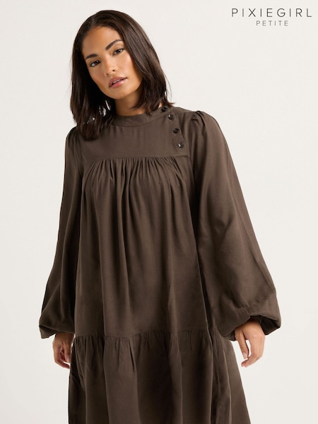 PixieGirl Petite Brown Button Neck Long Sleeve Dress (W83821) | €46