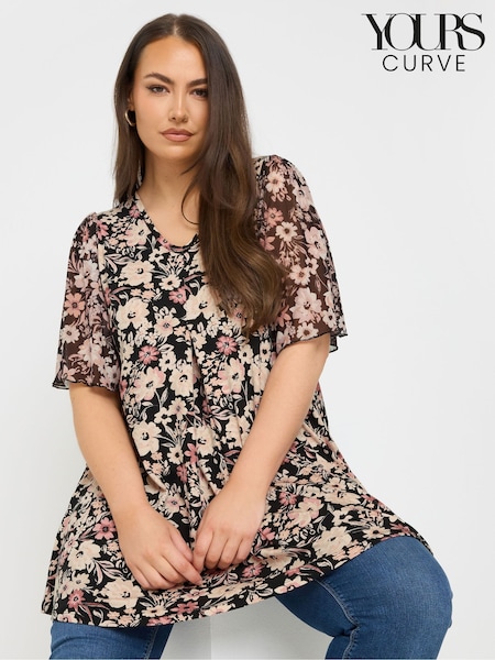 Yours Curve Floral Print Mesh Sleeve Pleated Top (W83822) | R$ 265