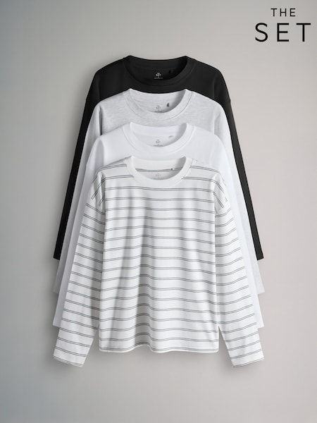 The Set Relaxed Fit 4 Pack 100% Cotton Relaxed Long Sleeve T-Shirts Black/Grey/White/Stripe (W84356) | €29