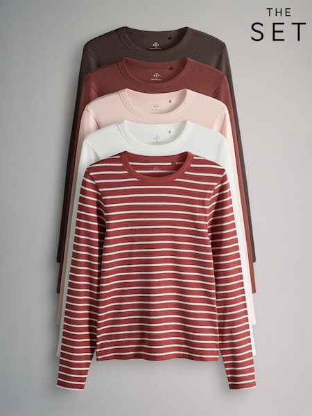 The Set Brown/Pink/White/Stripe 5 Pack Ribbed Long Sleeve T-Shirts (W84365) | €40