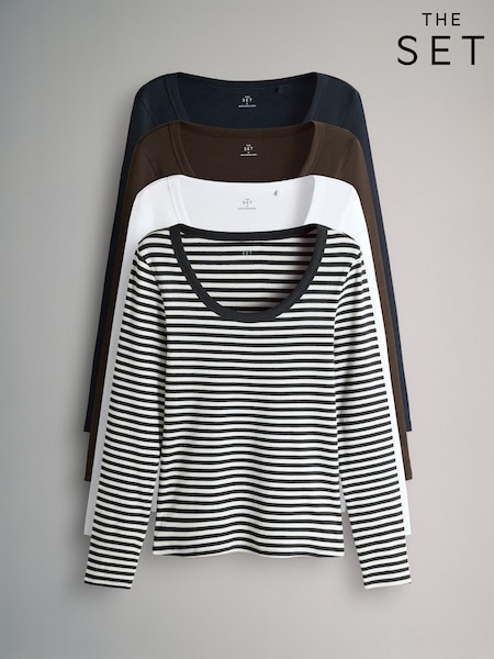 The Set Navy/Light Blue/Stripe/White 4 Pack Scoop Neck Long Sleeve Ribbed T-Shirts (W84386) | 135 QAR