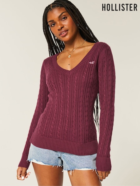 Hollister Logo Cable Knit V-Neck Jumper (W84646) | €37
