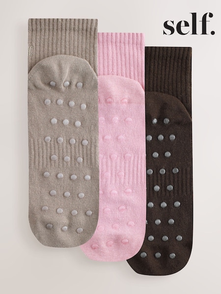Black/Pink/Mocha Brown - self. Cropped Ankle Embroidered Logo Gripper Socks 3 Pack (W84738) | € 11
