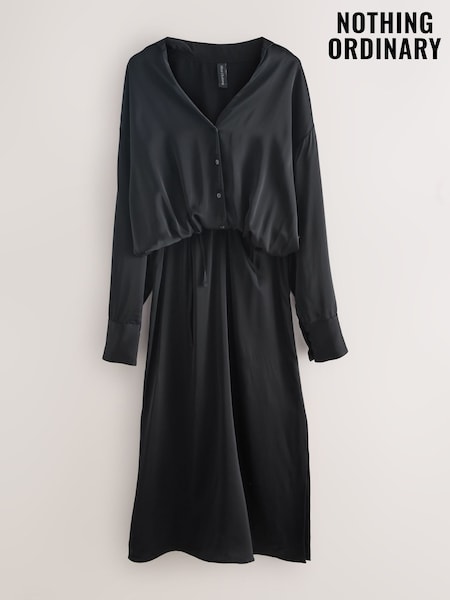 Nothing Ordinary Black Satin Button Midi Dress (W84776) | €167