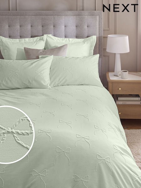 Green Sage Bow Textured Print Duvet Cover and Pillowcase Set (W84938) | €36 - €76