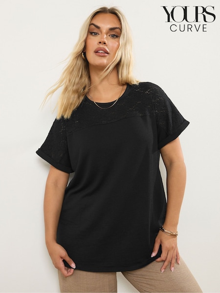 Yours Curve Black Lace Yolk Slub T-Shirt (W85208) | R$ 215