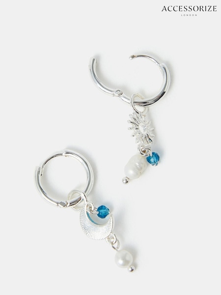 Accessorize Silver Tone Sterling Moon and Star Pearl Drop Earrings (W85239) | €21.50