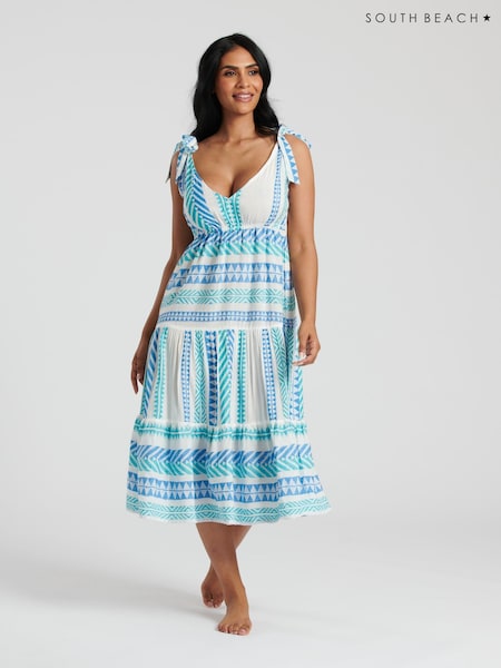 South Beach Blue Jacquard Tie Shoulder Below The Knee Dress (W85357) | €58