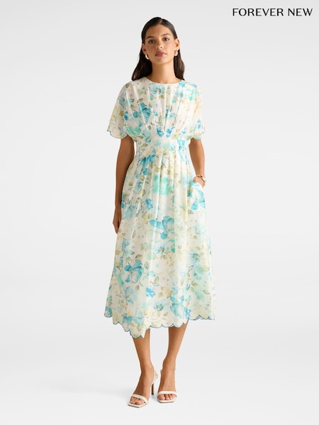 Forever New Cream Eve Contains Linen Scallop Trim Midi Dress (W85388) | €154