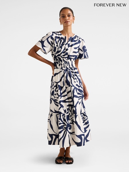 Forever New Blue Pure Linen Eleanor Petite Short Sleeves Midi Dress (W85397) | €128