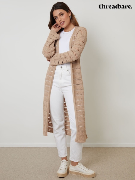 Threadbare Natural Crochet Pointelle Knit Maxi Cardigan (W85457) | €48