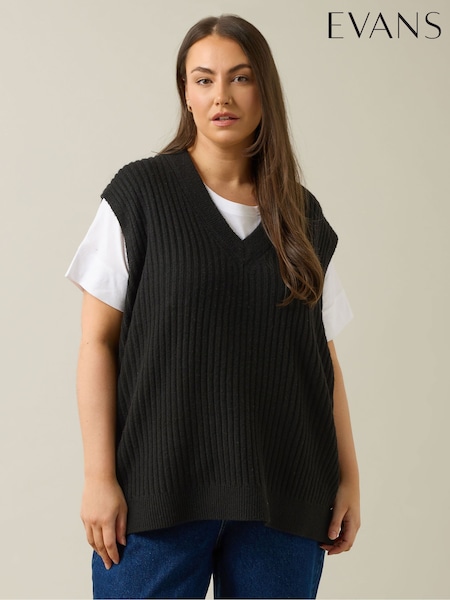 Evans Knitted Button Side Stripe Black Vest (W85596) | €50