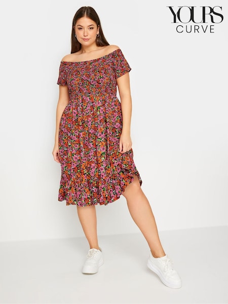 Yours Curve Pink & Orange Pink & Orange Shirred Bardot Midi Dress (W85964) | €41