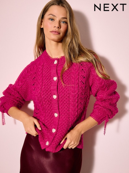 Bright Rosa - Cable Knit Lace Trim Cardigan With Heart Buttons (W86426) | kr729