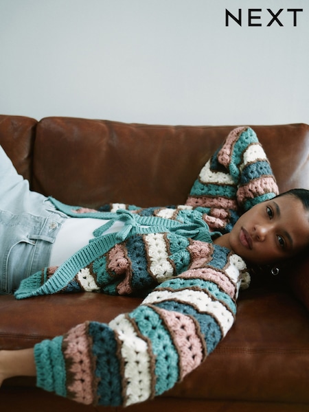 Blue/Pink Multi Hand Knitted Tie Front Cardigan (W86431) | $160