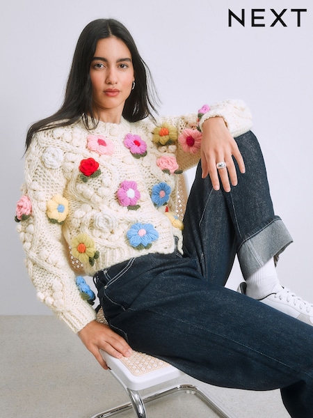 Light Yellow Hand Knitted Floral 3D Cardigan (W86432) | 420 QAR