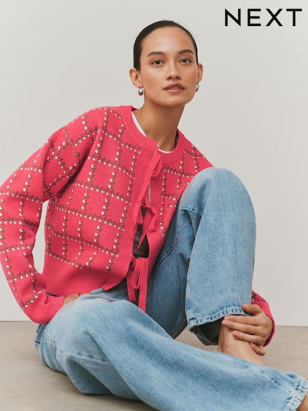 Pink Floral Check Supersoft Tie Front Knitted Cardigan (W86436) | AED168