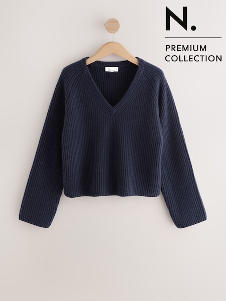 Navy Blue 100% Wool N.Premium Chunky Rib V-Neck Jumper (W86448) | €95