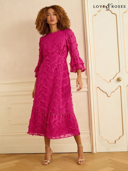 Love & Roses Pink 3D Flute Sleeve Midi Dress (W86477) | AED391