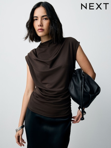 Chocolate Brown High Neck Drape Sleeveless Top (W86480) | €33.50