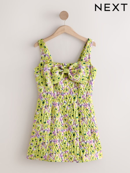 Yellow Floral Jacquard Bow Front Sleeveless Mini Dress (W86618) | AED218