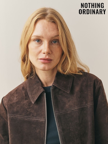 Nothing Ordinary Chocolate Brown Suede Double Zip Collared Jacket (W86622) | €369