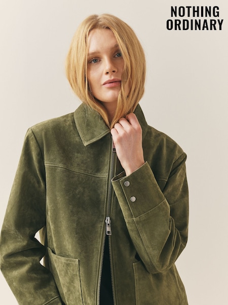 Πράσινο - Nothing Ordinary Suede Double Zip Collared Jacket (W86624) | 347 €