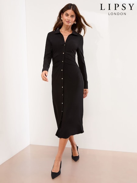 Preto - Lipsy Jersey Button Through Midi Shirt Dress (W86633) | R$ 575