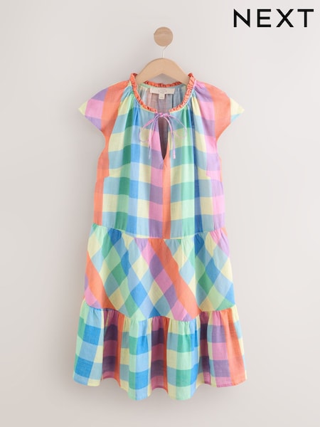 Pink and Blue Gingham Check - V-Neck Tiered Mini Dress with Linen (W86935) | 215 zł