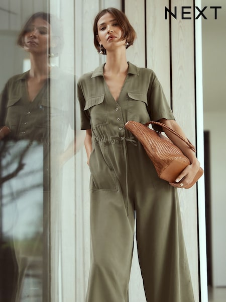 Khakigrün - Short Sleeve Utility Wide Leg Jumpsuit (W86965) | 108 €